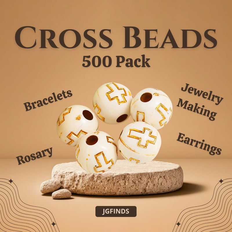 JGFinds Small Round Religious Spacer Beads, 500 Pack Ball Shaped Bead Spacers, 8mm (1/3 Inch) with 2mm Large Hole, Acrylic with Wood Look, Christian Beads (Off White Cross) - Image 2